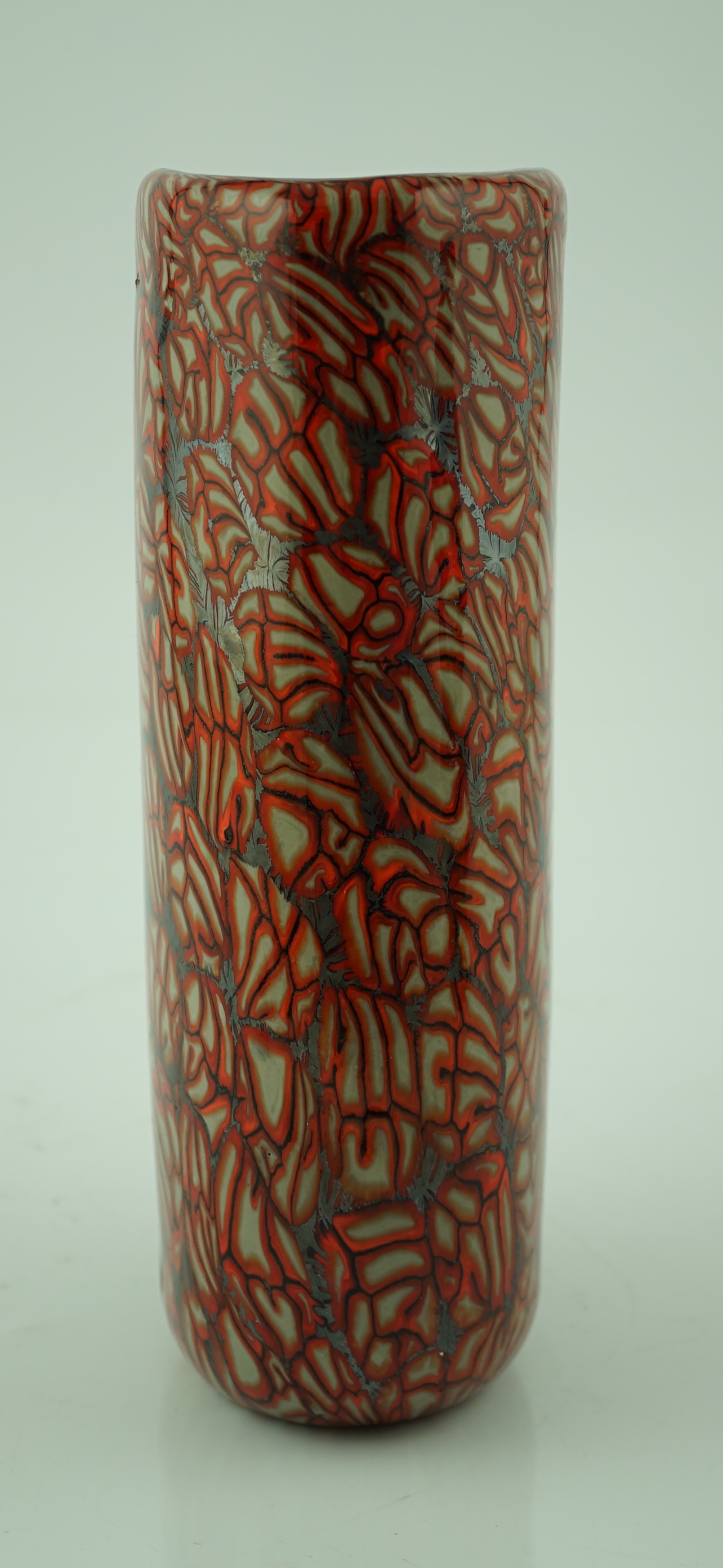 Vittorio Ferro (1932-2012 A Murano glass Murrine vase, cup shaped decorated with red and white stylised flowers, on a black ground, signed, 28.5cm, Please note this lot attracts an additional import tax of 20% on the ham